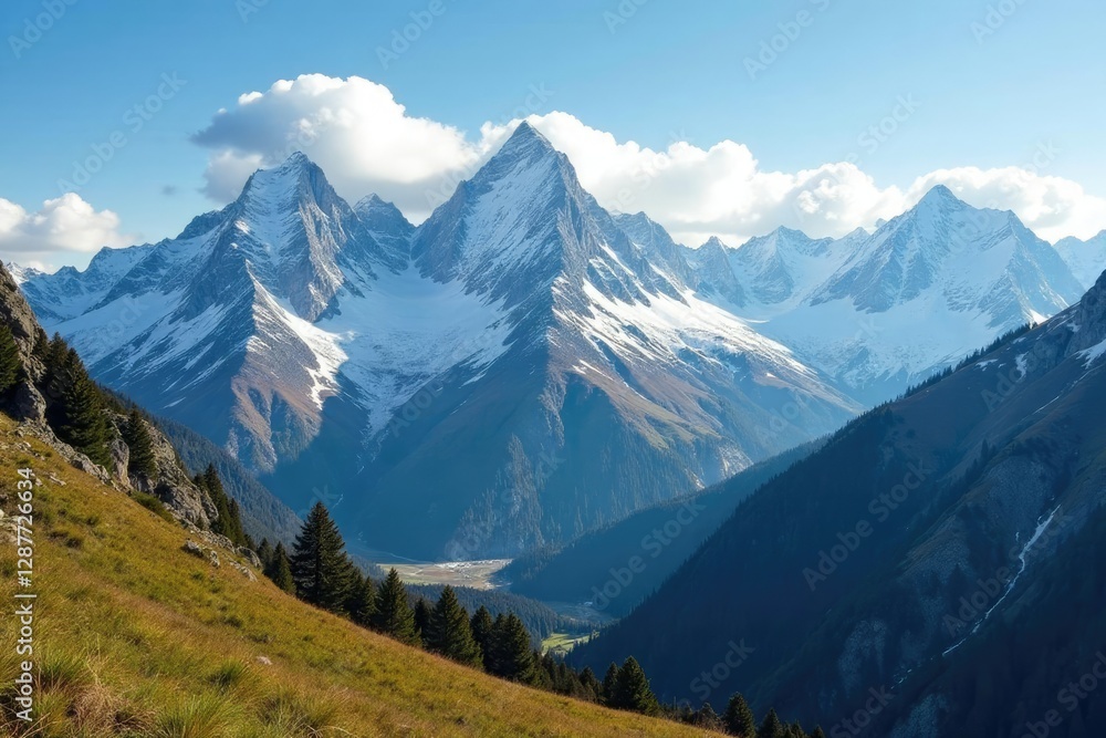 Majestic mountain peaks with snow and clouds in the distance, rugged, distance, wild Majestic mountain peaks with snow and clouds in the distance, rugged, distance, wild