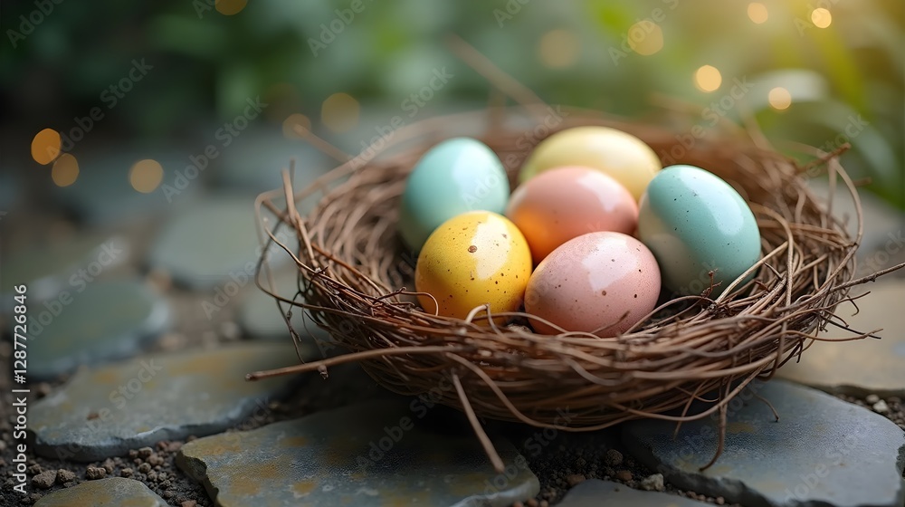 A cozy nest of Easter eggs rests on a luxurious stone surface, creating a contrast between rustic nature and elegant design. The soft glow of light adds warmth and a delicate artistic touch. A cozy nest of Easter eggs rests on a luxurious stone surface, creating a contrast between rustic nature and elegant design. The soft glow of light adds warmth and a delicate artistic touch.