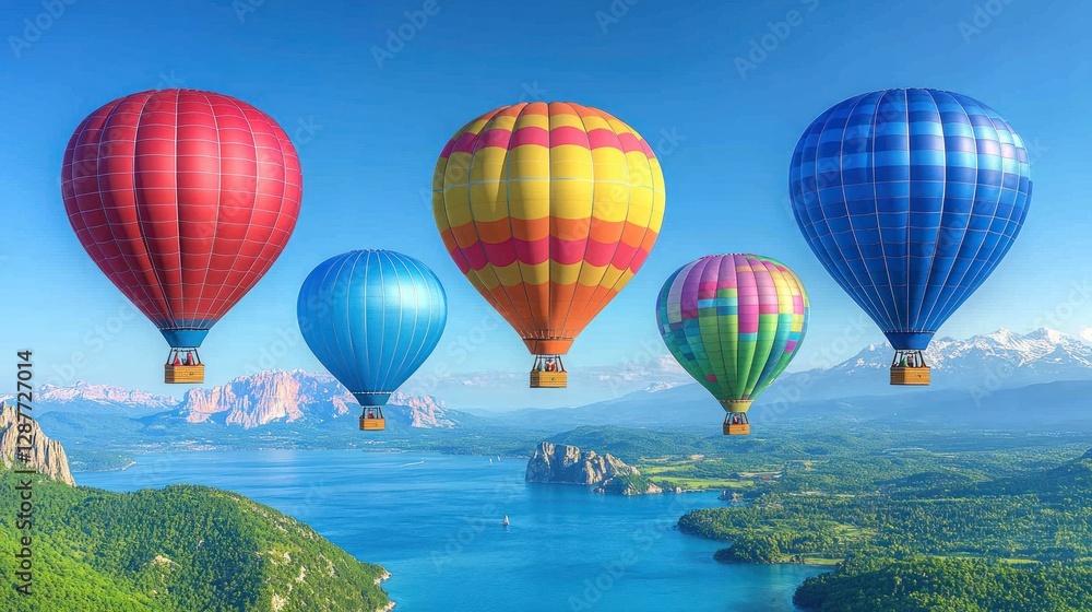 Fototapeta premium Colorful hot air balloons soar over a scenic lake and mountain landscape on a sunny day.