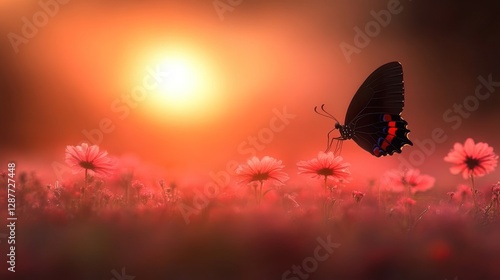 Silhouette of a butterfly flying over pink cosmos flowers at sunset.