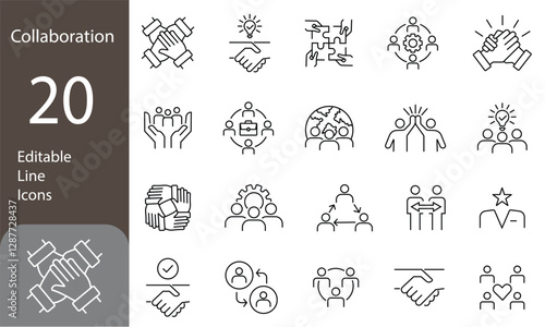 Collaboration Editable Line Icons Set. teamwork, handshake, agreement, and more. Pictograms and infographics, business related icons. Vector illustration
