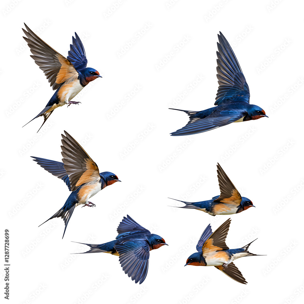 Fototapeta premium Swallows in Flight with Spread Wings On Transparent Background 
