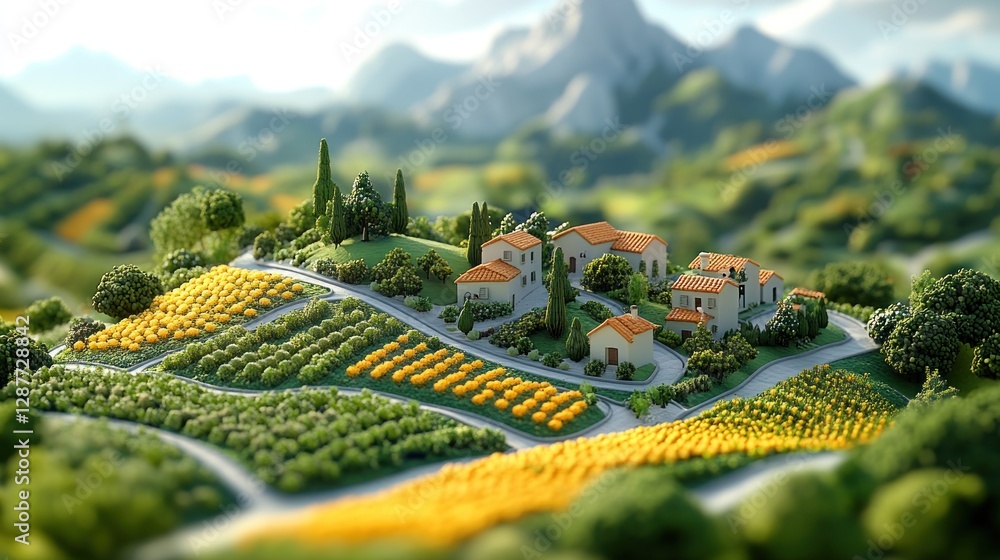 Fototapeta premium Idyllic miniature village nestled in sun-drenched hills, vineyards, and mountains.