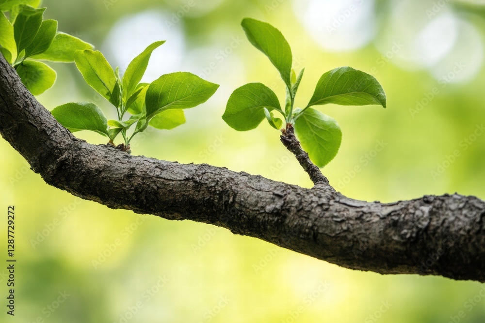A close-up view showcasing vibrant green leaves emerging from a textured branch in nature’s serene environment. A close-up view showcasing vibrant green leaves emerging from a textured branch in nature’s serene environment.