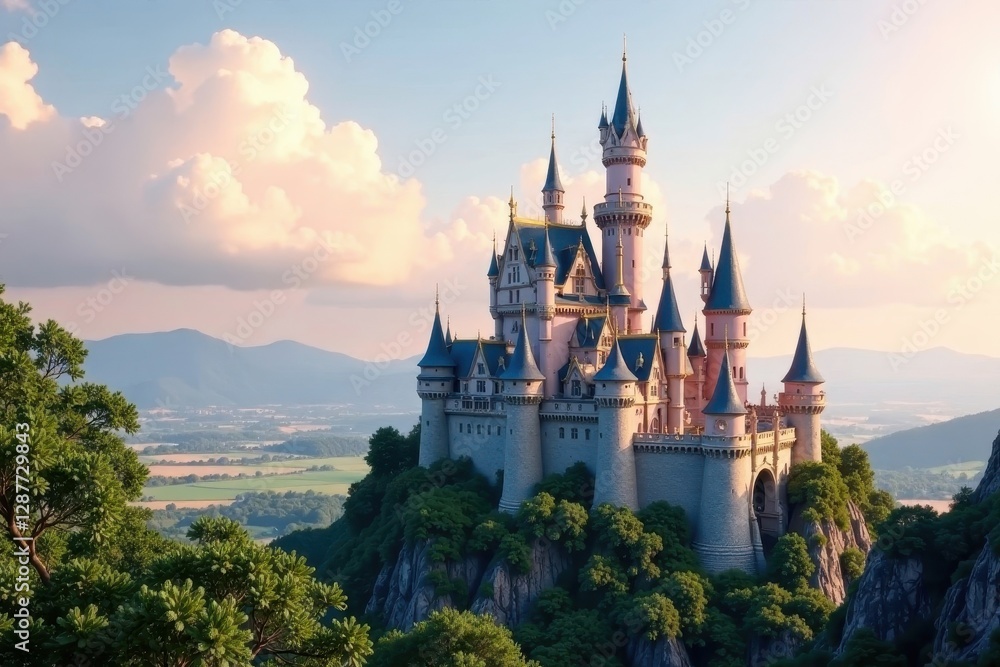 Majestic Fairytale Castle Perched on a Hilltop, Bathed in the Golden Light of Sunset Majestic Fairytale Castle Perched on a Hilltop, Bathed in the Golden Light of Sunset