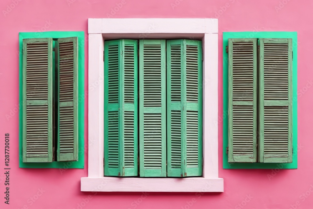 Fototapeta premium Window with wooden shutters on an pink old building facade