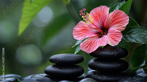 Pink Hibiscus on stacked stones with lush greenery for a relaxing spa treatment