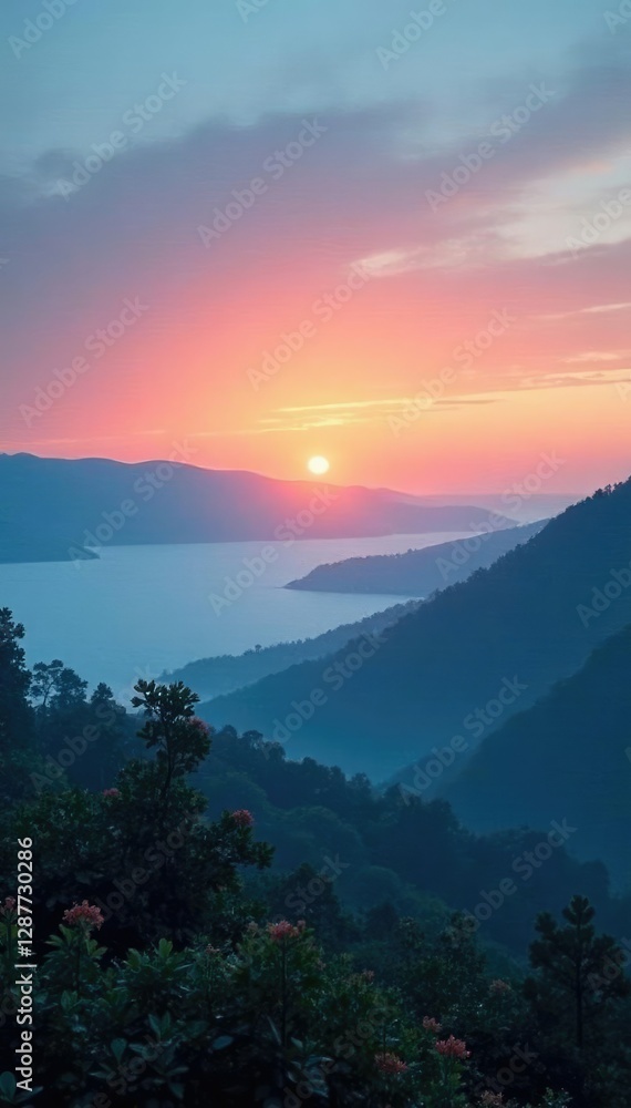 Soft misty dawn breaks over vast blue expanse, nature, calm, dawn Soft misty dawn breaks over vast blue expanse, nature, calm, dawn