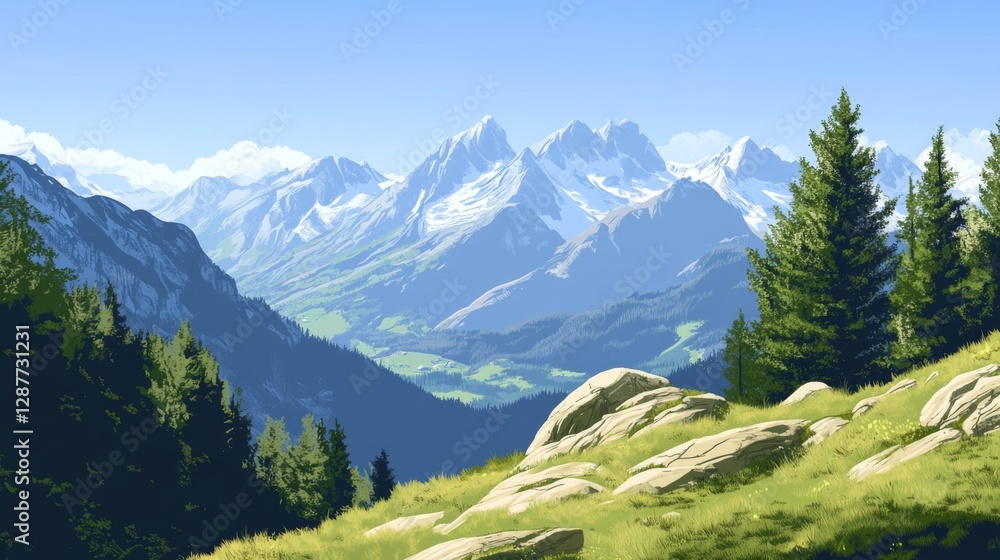 Fototapeta premium Alpine Mountain Valley View, Sunny Day, Peaceful Scenery, Background for Travel Brochure