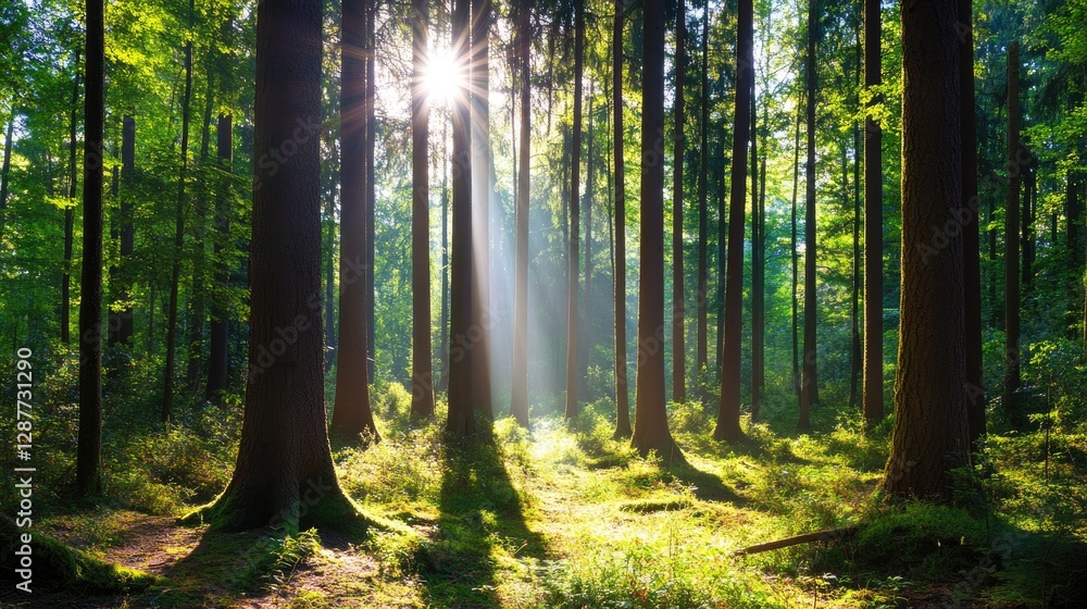 Fototapeta premium Serene Sunlit Forest with Tall Trees and Gentle Sun Rays