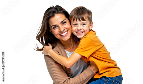 Happy mother and son portrait for family content, isolated on transparent background. Use for Mother's Day, parenting blogs, or family-themed advertising.