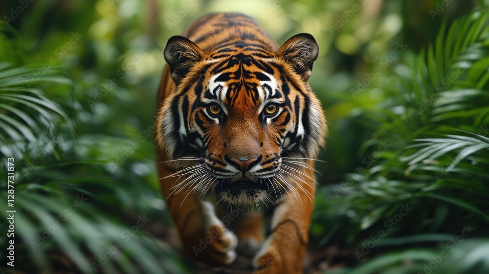 Fototapeta premium Majestic tiger walking towards camera in lush green jungle.