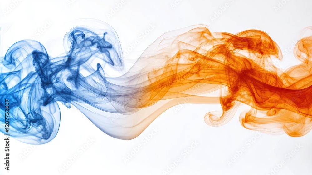 Fototapeta premium Abstract blue and orange smoke swirls on white background.