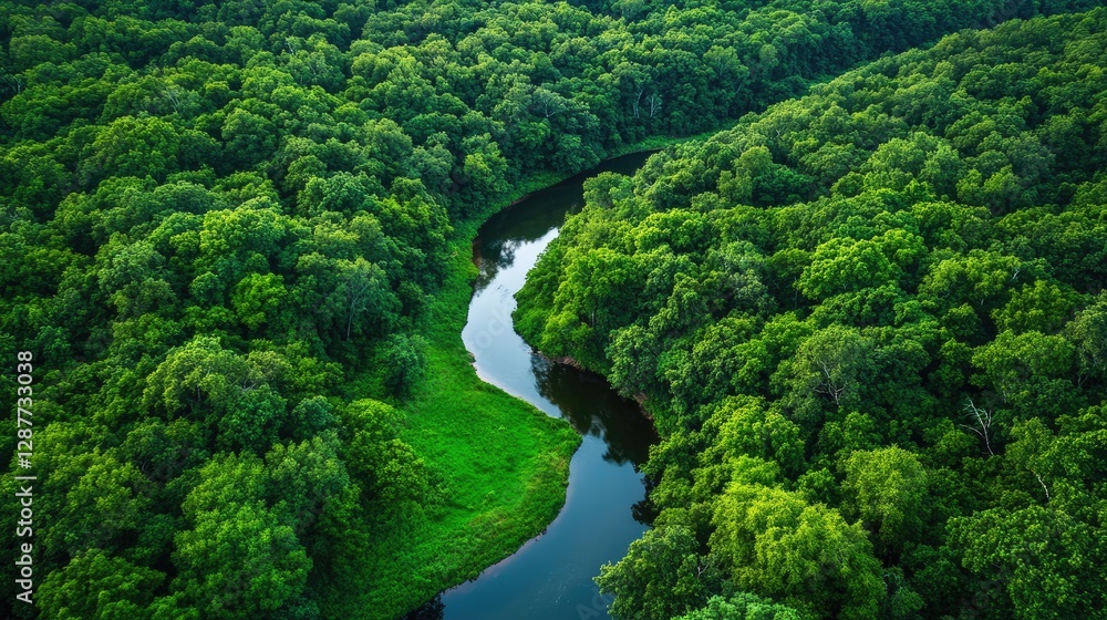 Aerial View of Serene River Flowing Through Lush Green Forest Aerial View of Serene River Flowing Through Lush Green Forest