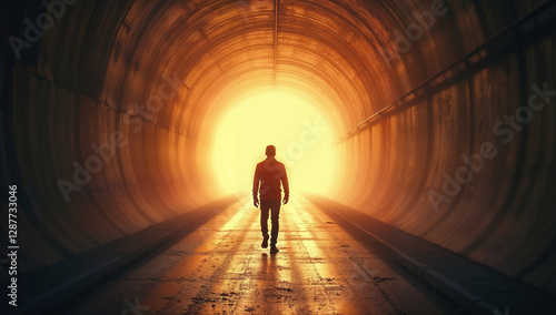 Silhouette of a person walking towards a bright light through a tunel symbolizing hope, journey, and the unknown future