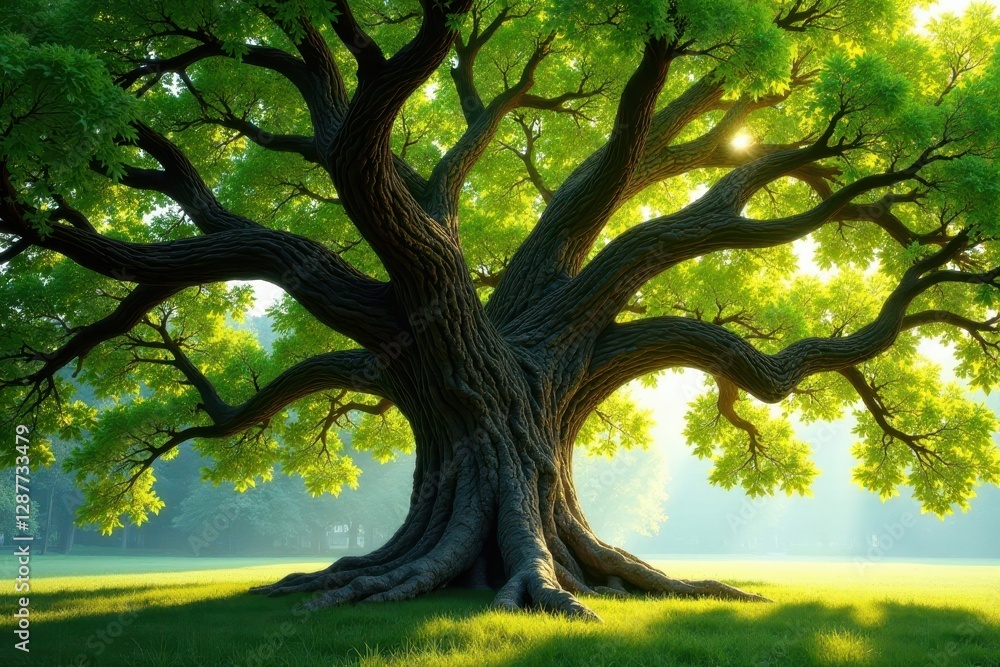 Majestic ancient tree bathed in sunlight, its expansive branches reaching towards a serene sky, showcasing the beauty of nature's enduring strength and vibrant life. Majestic ancient tree bathed in sunlight, its expansive branches reaching towards a serene sky, showcasing the beauty of nature's enduring strength and vibrant life.