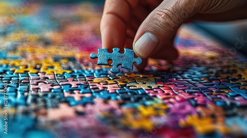 Close-up of a hand placing a puzzle piece onto a colorful jigsaw puzzle.