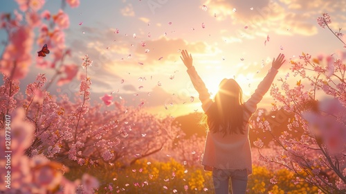 A joyful woman with outstretched arms stands among blooming cherry blossom trees at sunset