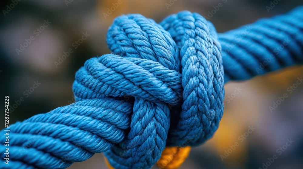 Close up of a vibrant blue rope knot against a blurred background showcasing texture strength and connection in a nautical style Close up of a vibrant blue rope knot against a blurred background showcasing texture strength and connection in a nautical style