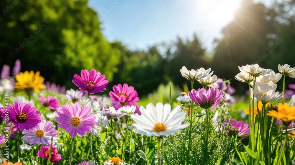 Vibrant Flower Field Under Bright Sunlight in Nature Setting Vibrant Flower Field Under Bright Sunlight in Nature Setting