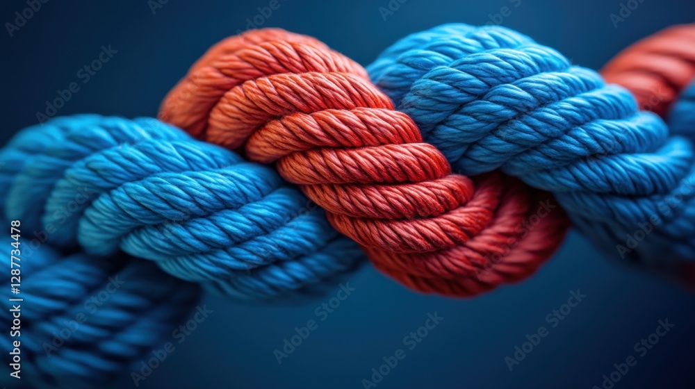 Intertwined ropes in vibrant blue and red hues creating a strong connection with a dark blue background, macro shot, highlighting texture and detail Intertwined ropes in vibrant blue and red hues creating a strong connection with a dark blue background, macro shot, highlighting texture and detail