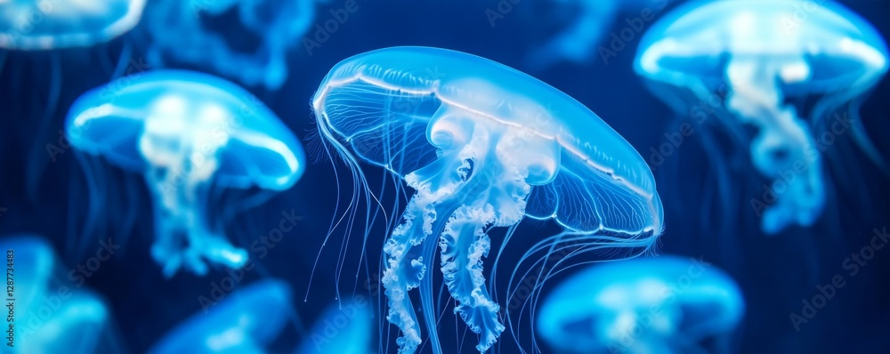 Naklejka premium Ethereal Blue Jellyfish Gliding Gracefully in Deep Ocean Waters