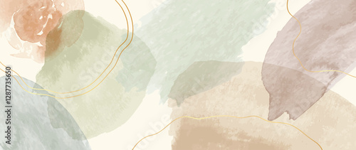 Watercolor art background vector. Wallpaper design with paint brush Earth tone watercolor, gold line and gold foil texture. Illustration for prints, wall art, cover and invitation cards.
