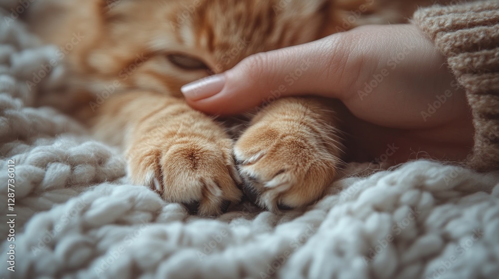 Close-up of a ginger kitten's paws gently held by a human hand on a cozy knit blanket. Close-up of a ginger kitten's paws gently held by a human hand on a cozy knit blanket.