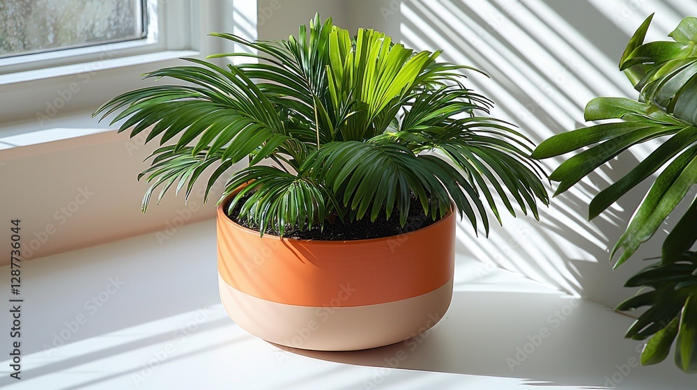 Fototapeta premium Indoor palm plant in an orange pot sits on a windowsill with light & shadow