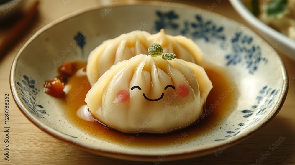 Dumplings with a cute face on a white plate Dumplings with a cute face on a white plate