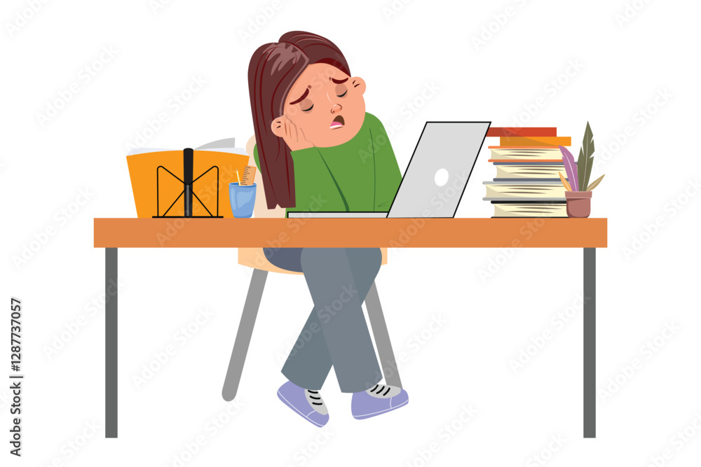 Sleepy schoolgirl studying at her desk with books, a laptop, and stationery. Great for online school, exams, or education-themed designs Sleepy schoolgirl studying at her desk with books, a laptop, and stationery. Great for online school, exams, or education-themed designs