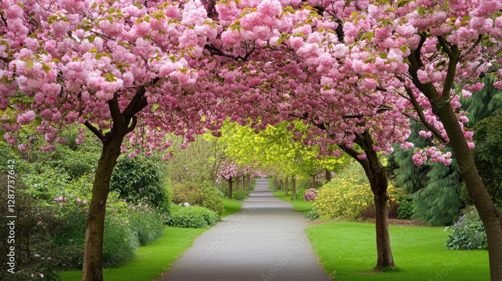 Serene Pathway Surrounded by Blossoming Cherry Trees in Spring Serene Pathway Surrounded by Blossoming Cherry Trees in Spring