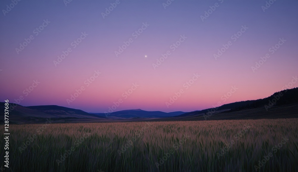 Obraz premium A wide shot of the sky at dusk, with hues ranging from purple to pink and orange, set against an open field landscape.