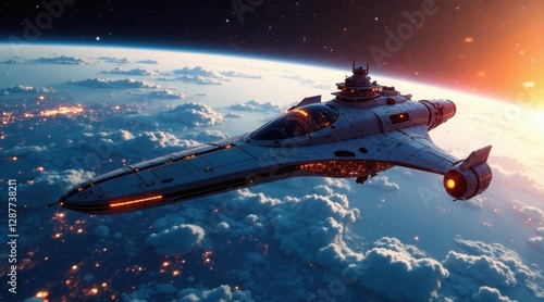 Wallpaper Mural A Futuristic Spaceship Soaring Above a Planet's Cloud Cover at Sunset, Illuminating the Night Lights Below Torontodigital.ca