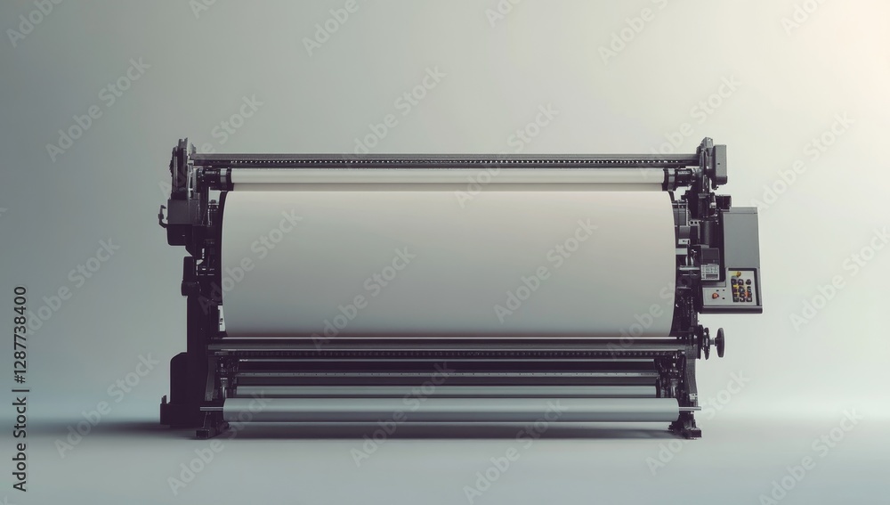 A wide-format printer with a large paper roll, a white background, and studio lighting A wide-format printer with a large paper roll, a white background, and studio lighting