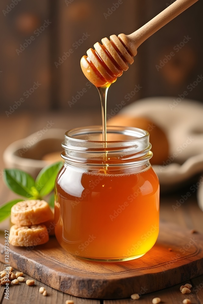 Golden honey drizzling into jar with wooden dipper on rustic wooden table Golden honey drizzling into jar with wooden dipper on rustic wooden table
