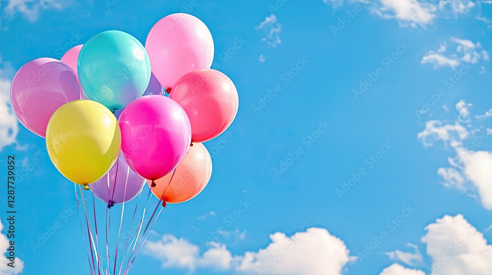 Colorful Balloons Floating Against a Bright Blue Sky with Clouds Colorful Balloons Floating Against a Bright Blue Sky with Clouds