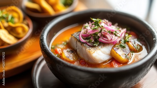 Ecuadorian encebollado, a fish soup with yuca, onions, and tomatoes, served with chifles (plantain chips) photo