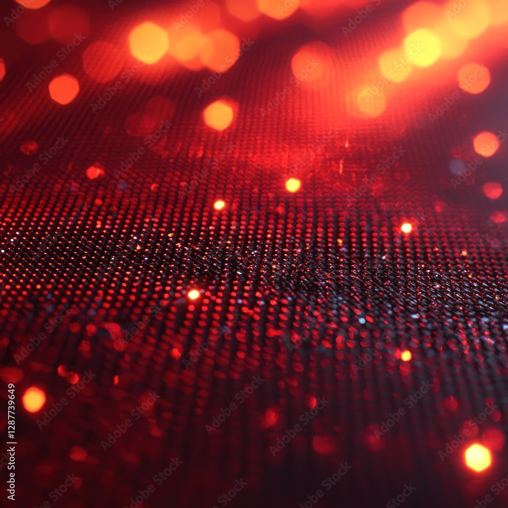 Fototapeta premium Red glowing dots on grid, shimmering bokeh lights in background. Web template use