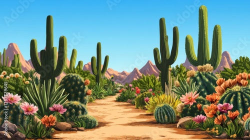 Wallpaper Mural Desert Pathway with Cacti and Flowers. Pathway through Desert Landscape. Possible Use Background for a product, or nature-related design Torontodigital.ca