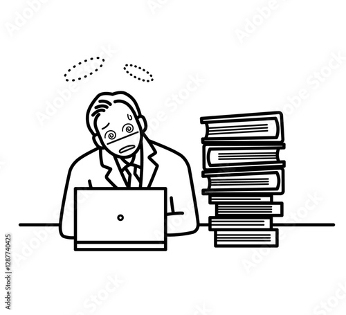 残業をする、仕事量が多いビジネスマンのイラスト　線画のみ
