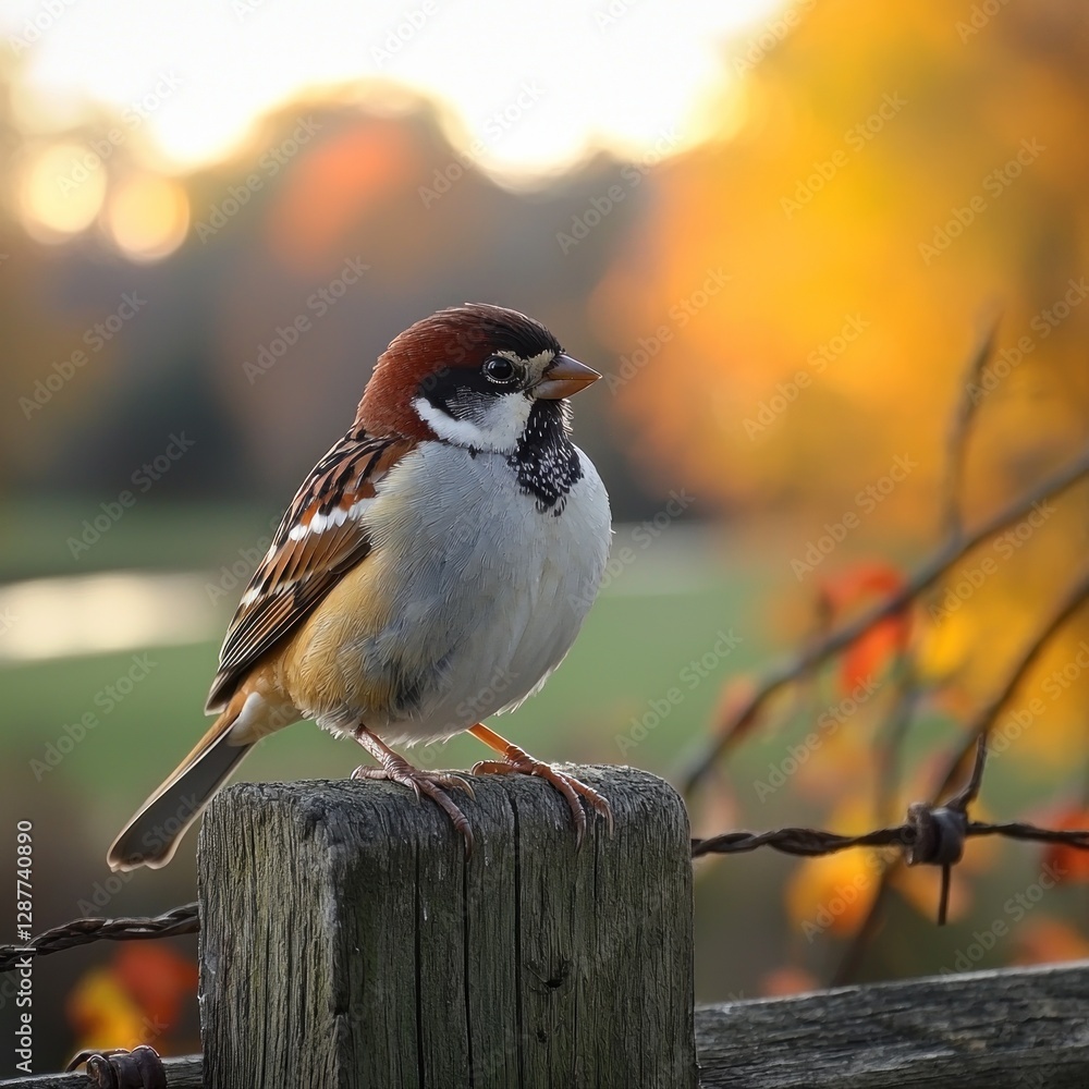 Fototapeta premium Sparrow rests on fence post in Autumn foliage background, for nature stock photos