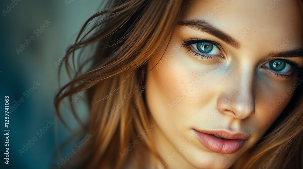 Young woman with striking features and intense gaze posing for close-up portrait with soft background Young woman with striking features and intense gaze posing for close-up portrait with soft background
