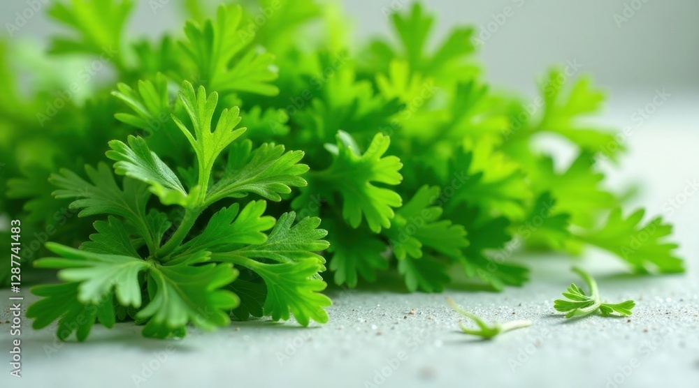 Fototapeta premium Vibrant Green Herb Sprigs on a Light Gray Surface, Fresh and Delicate Foliage, Ideal for Culinary or Health Applications