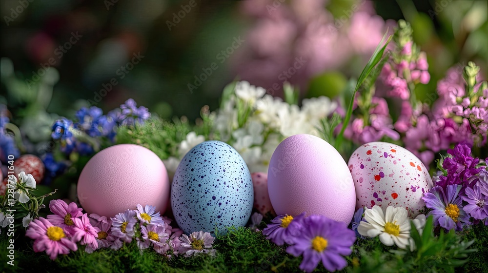 Colorful Easter Eggs Lying Amidst Vibrant Spring Flowers Colorful Easter Eggs Lying Amidst Vibrant Spring Flowers