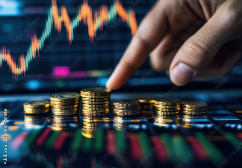 Stacks of coins being counted with stock market data displayed on a digital screen in the background Stacks of coins being counted with stock market data displayed on a digital screen in the background