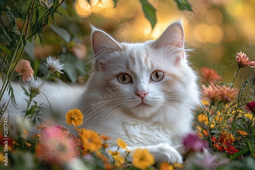 White cat resting in a field of colorful flowers with bright sunlight background