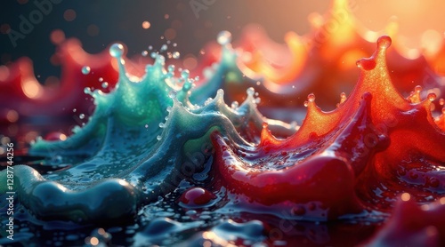 Dynamic interplay of vibrant red and teal liquid splashes, creating an abstract landscape of flowing color and dramatic texture