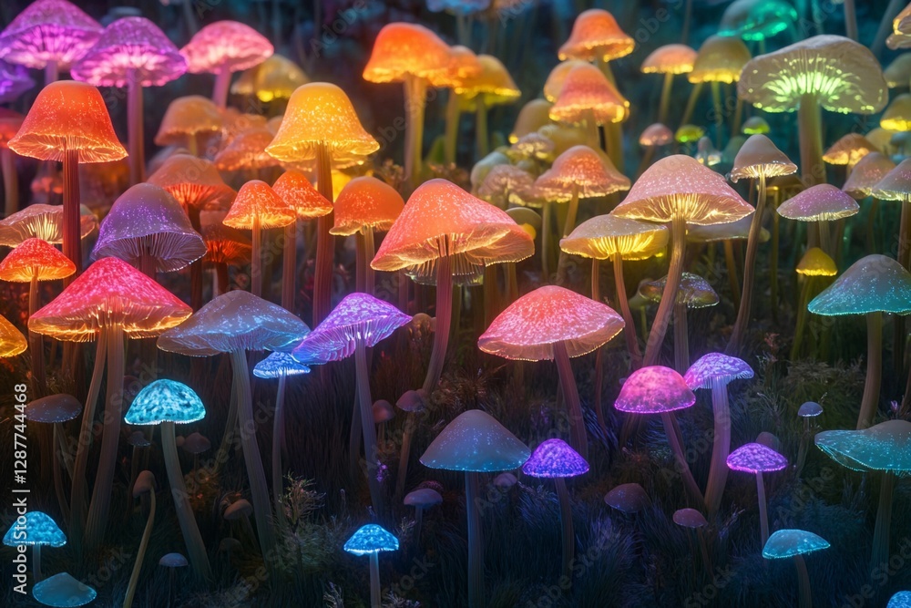 Fototapeta premium Vibrant bioluminescent mushrooms illuminate a mystical forest pathway during twilight hours