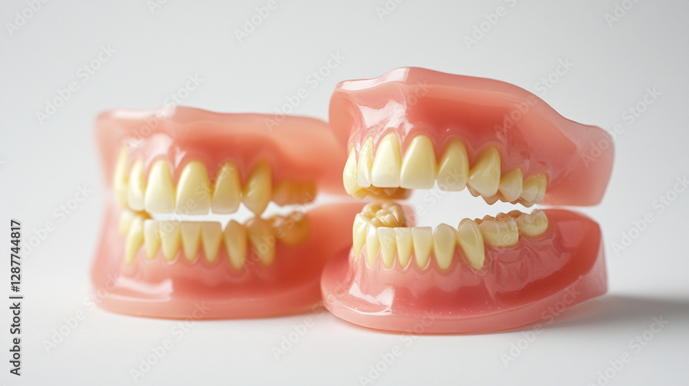 Obraz premium Dentures and dental prosthetics for elderly people with missing teeth, isolated on white background